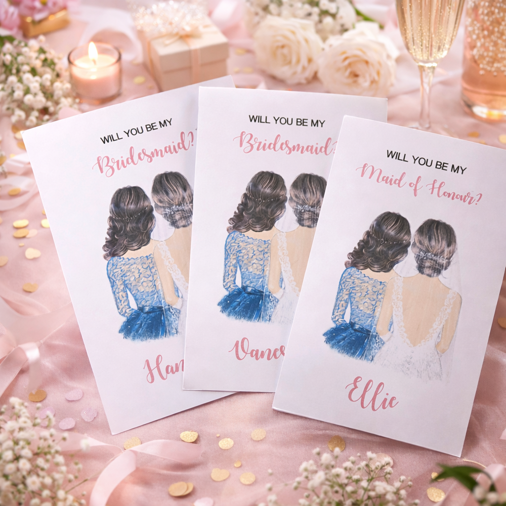 Three 'Will You Be My Bridesmaid?' cards with illustrations of a bride and bridesmaid on a decorative background.