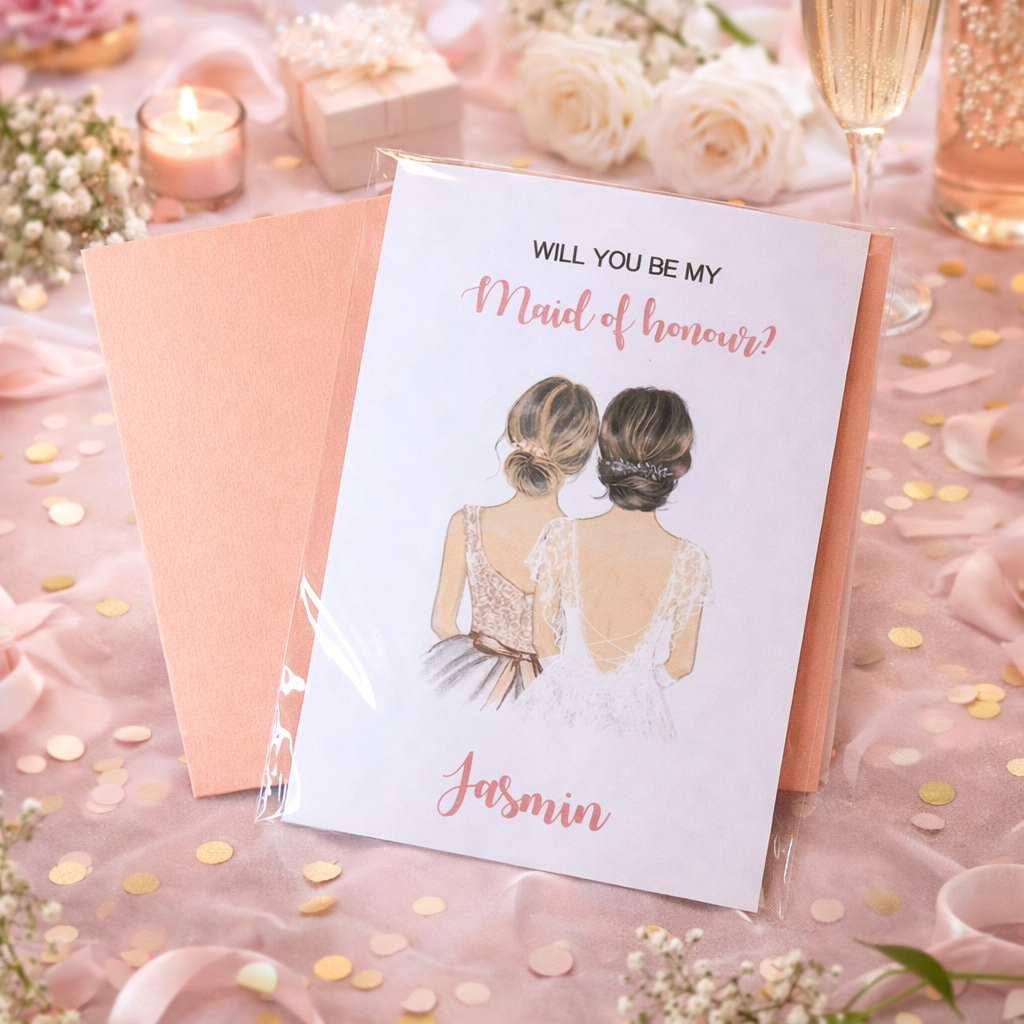 Card asking 'Will you be my Maid of Honour?' with illustration of two women on a decorative table with flowers and candles.