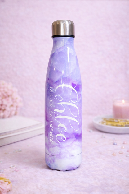 Purple marble water bottle with 'Chloe' branding on a soft pink background