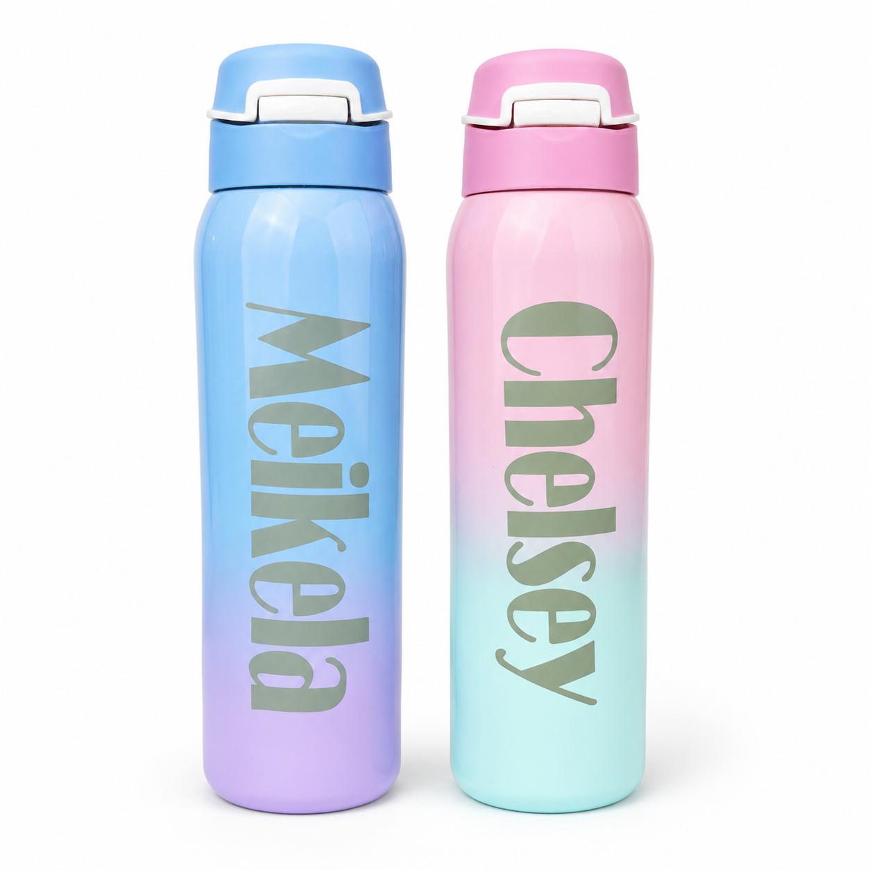 Two colorful water bottles with names 'Meikela' and 'Chelsey' on a white background