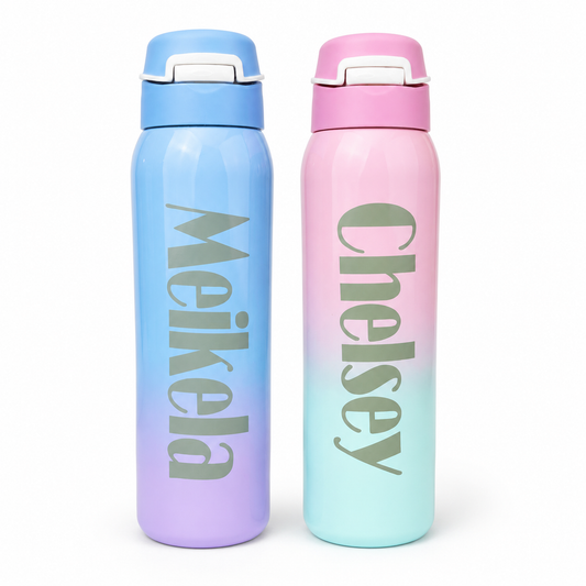 Two colorful water bottles with names 'Meikela' and 'Chelsey' on a white background