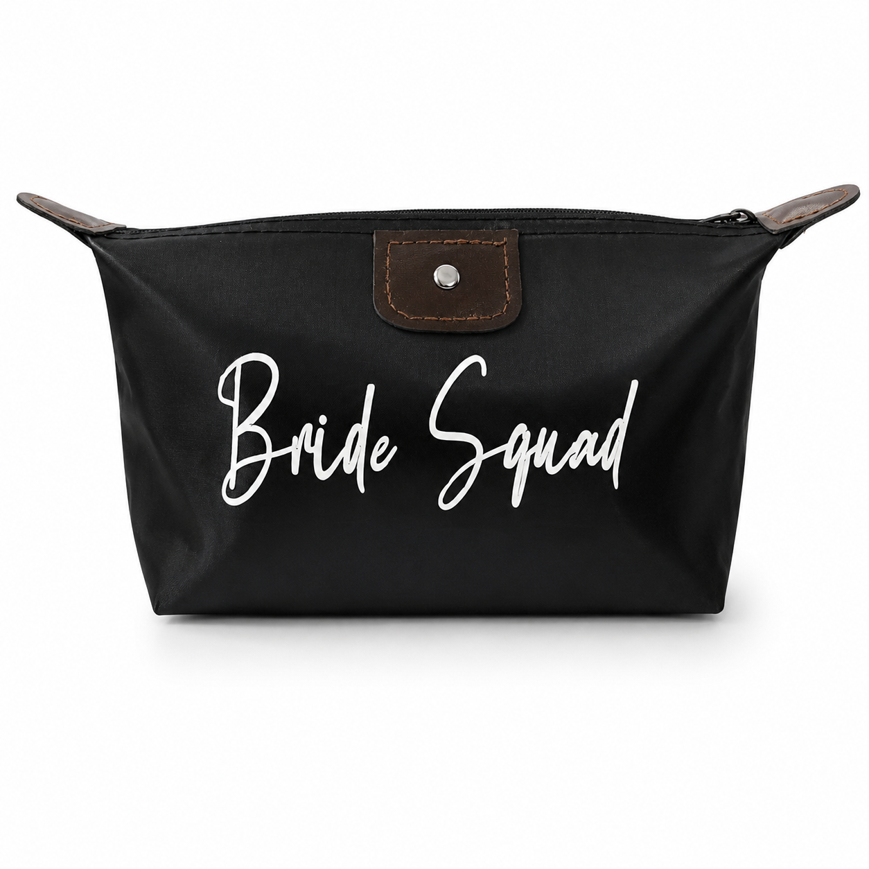 Black cosmetic bag with 'Bride Squad' text on a white background