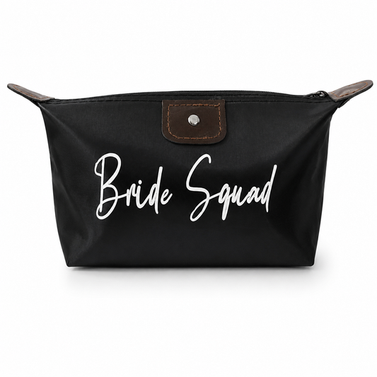 Black cosmetic bag with 'Bride Squad' text on a white background