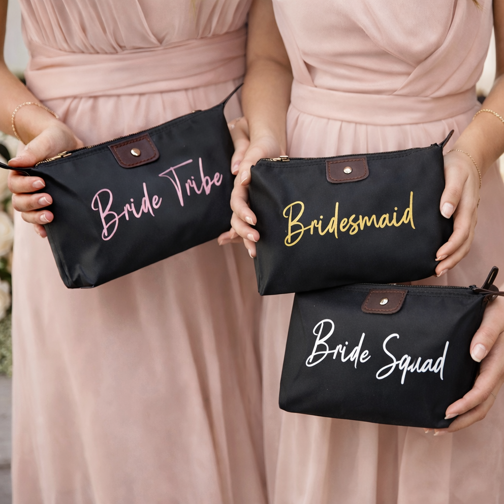 Three black pouches with 'Bride Tribe', 'Bridesmaid', and 'Bride Squad' text held by people in pink dresses.