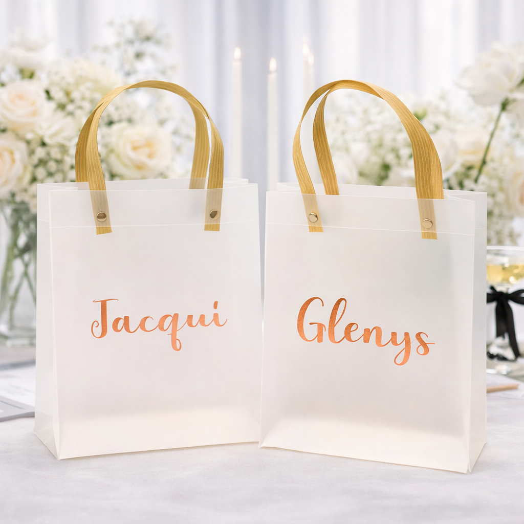 Two white gift bags with 'Jacqui' and 'Glenys' text, wooden handles, on a blurred floral background.