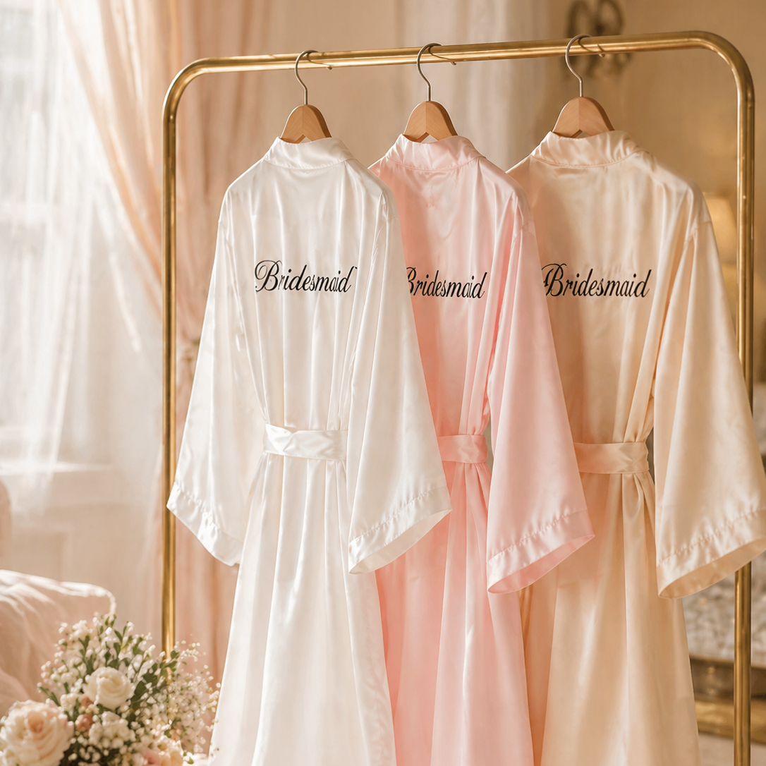Three robes labeled 'Bridesmaid' hanging on a rack with flowers and high heels in the foreground.
