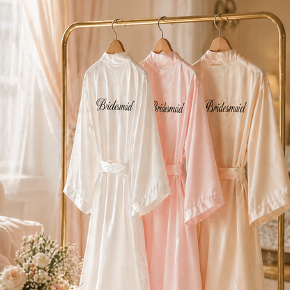 Three robes labeled 'Bridesmaid' hanging on a rack with flowers and high heels in the foreground.