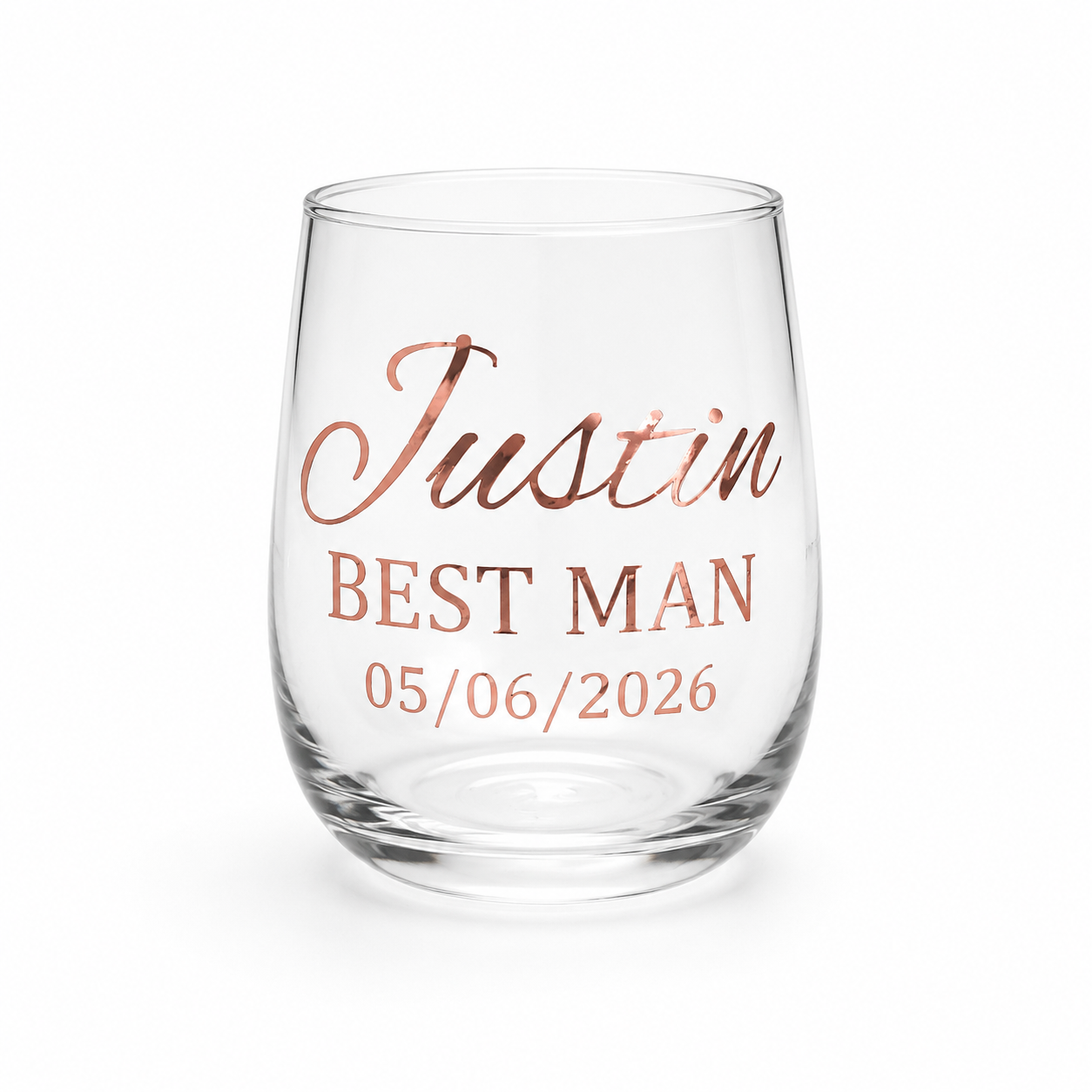 Clear glass with 'Justin BEST MAN 05/06/2026' text on a white background