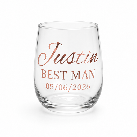 Clear glass with 'Justin BEST MAN 05/06/2026' text on a white background