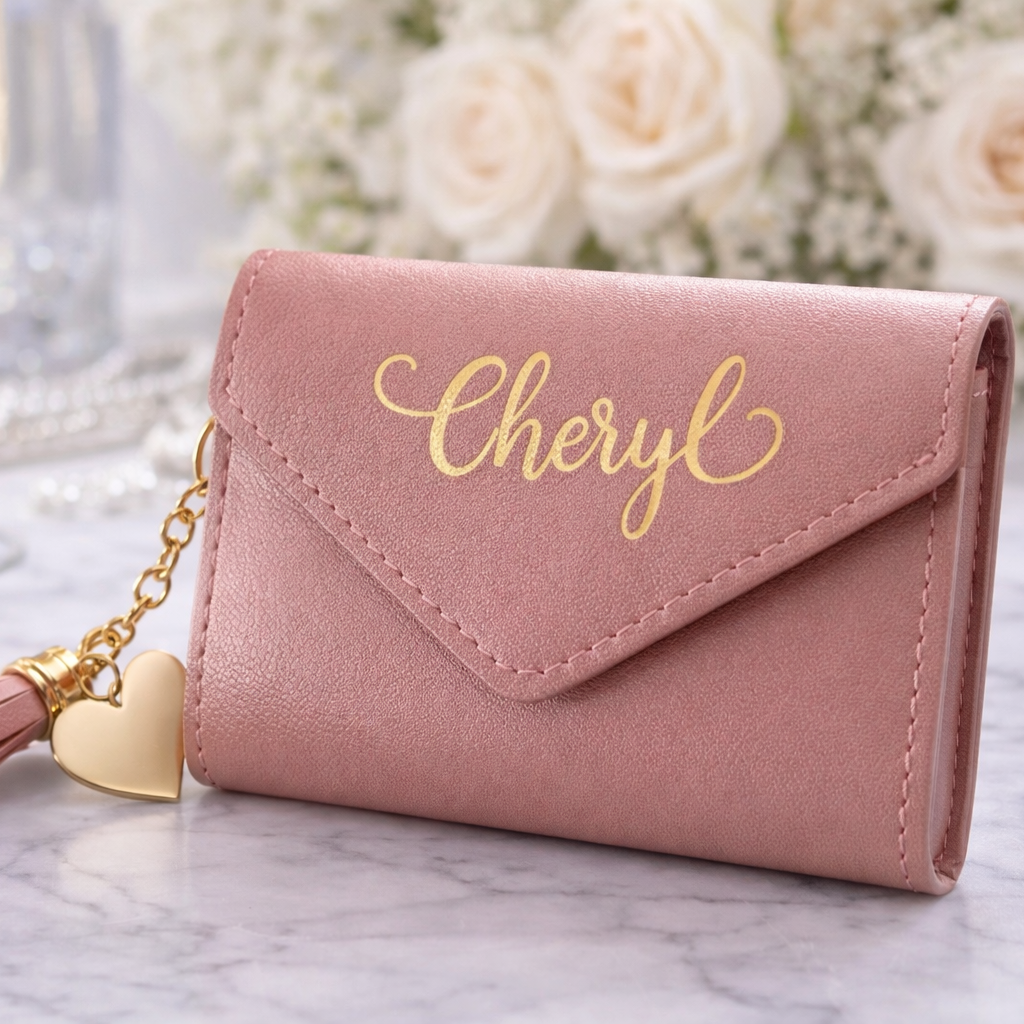 Pink wallet with 'Cheryl' engraving and tassel on a marble surface with flowers and glasses in the background
