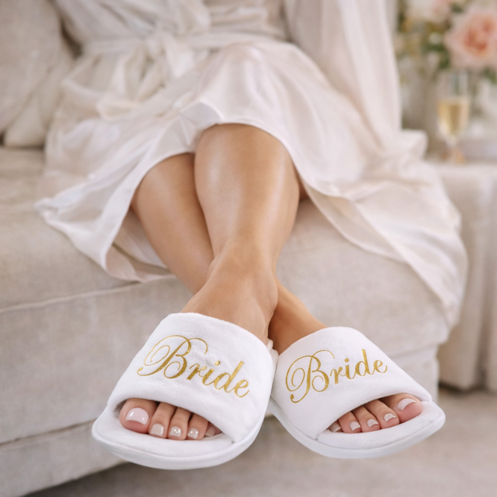 White slippers with 'Bride' text worn by a person in a white robe.