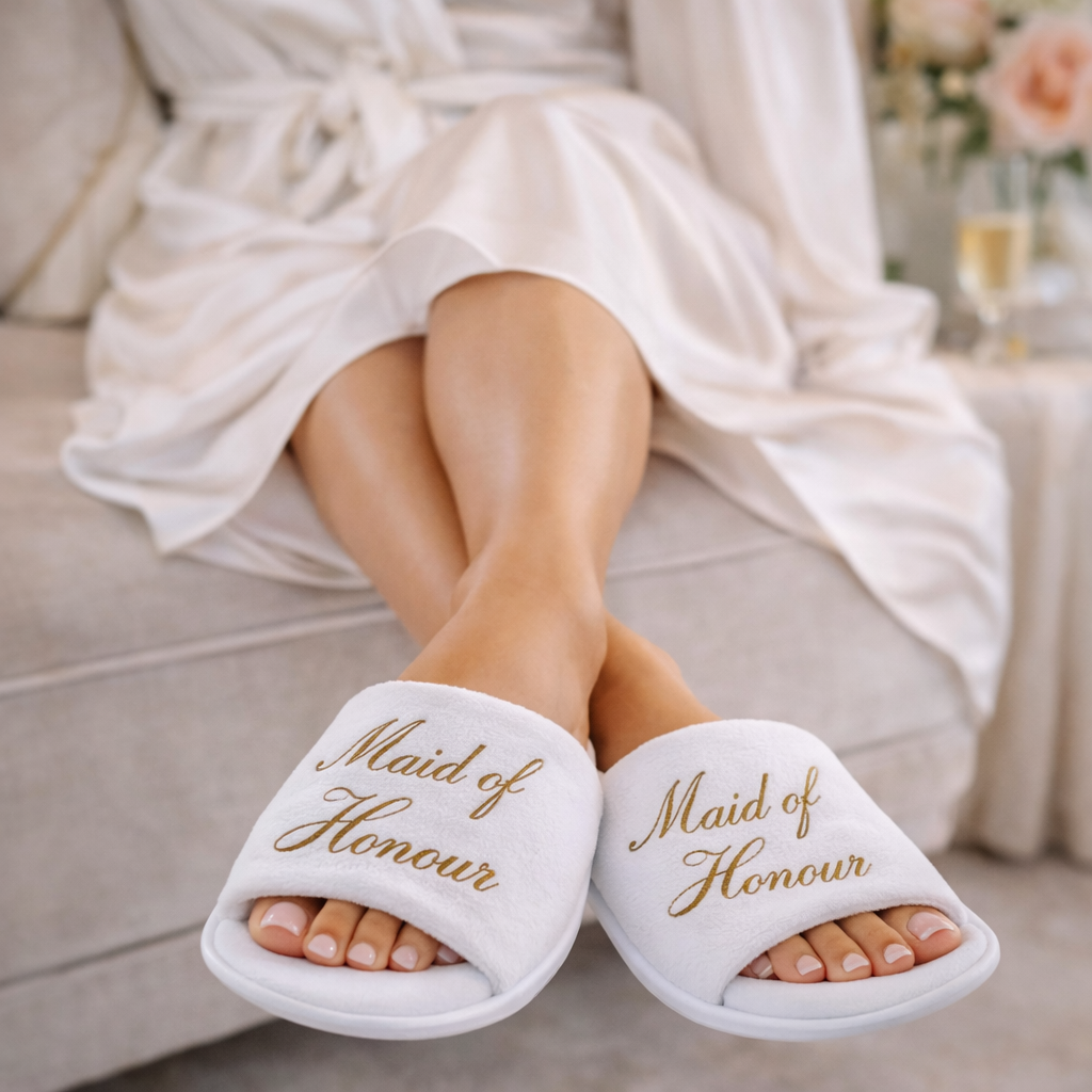 White slippers with 'Maid of Honour' text worn by a person in a robe.