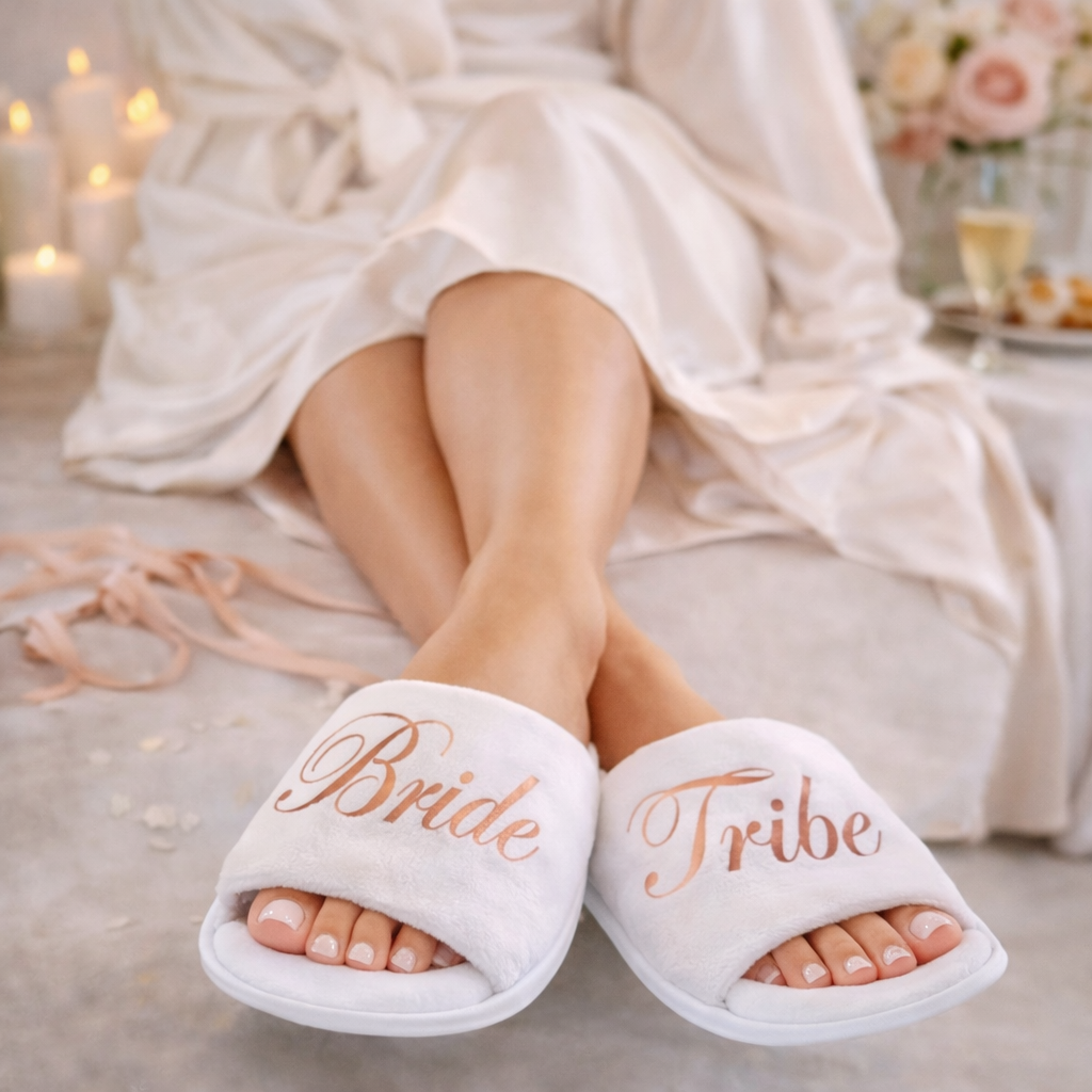 White slippers with 'Bride Tribe' text worn by a person in a wedding-themed setting.