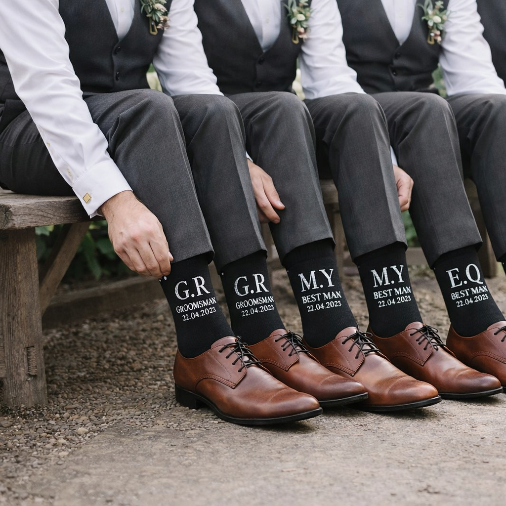 Men wearing matching gray suits with personalized black socks sitting on a bench. Personalised Wedding Socks for Groomsmen & Wedding Party