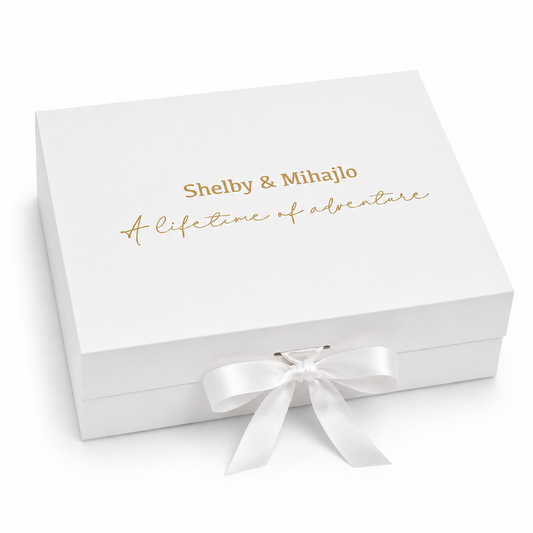 White gift box with gold text and a white ribbon on a white background