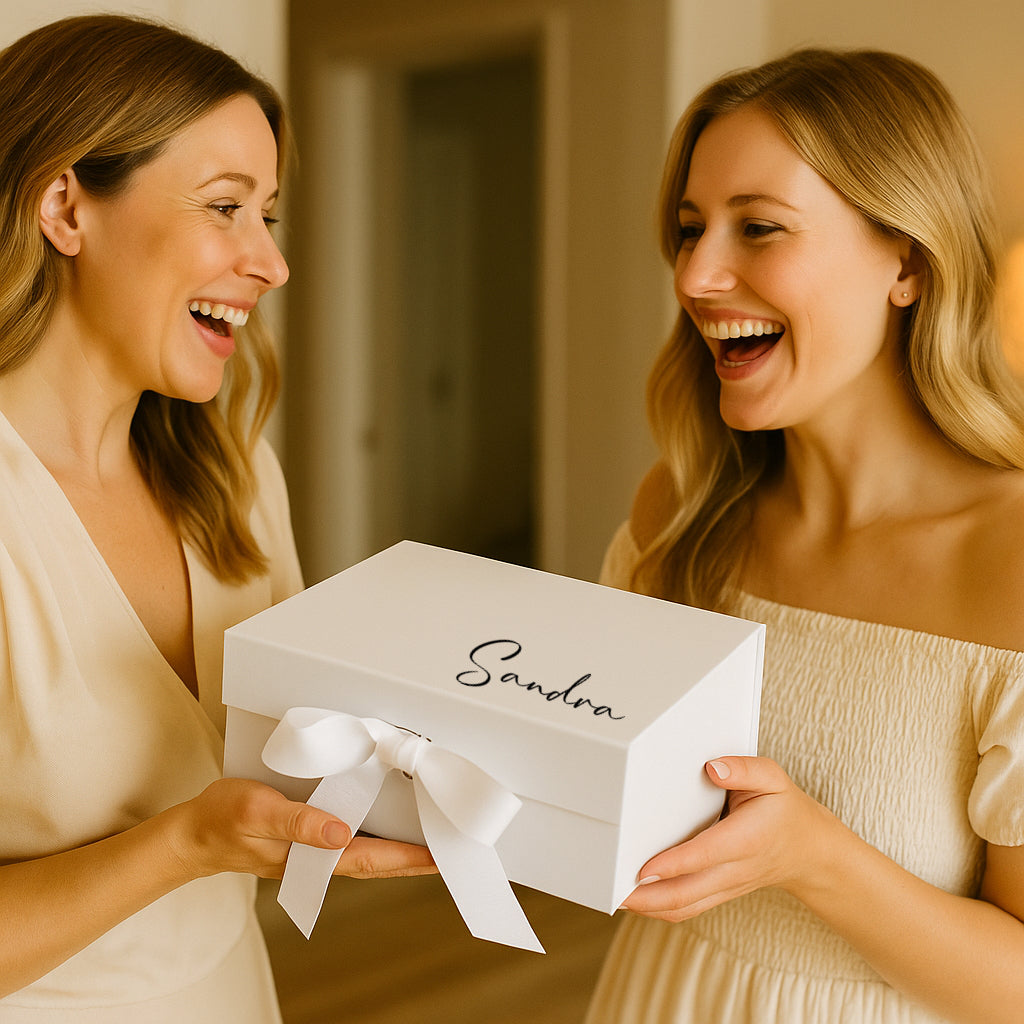Two women laughing and holding a white box with 'Sandra' on it.