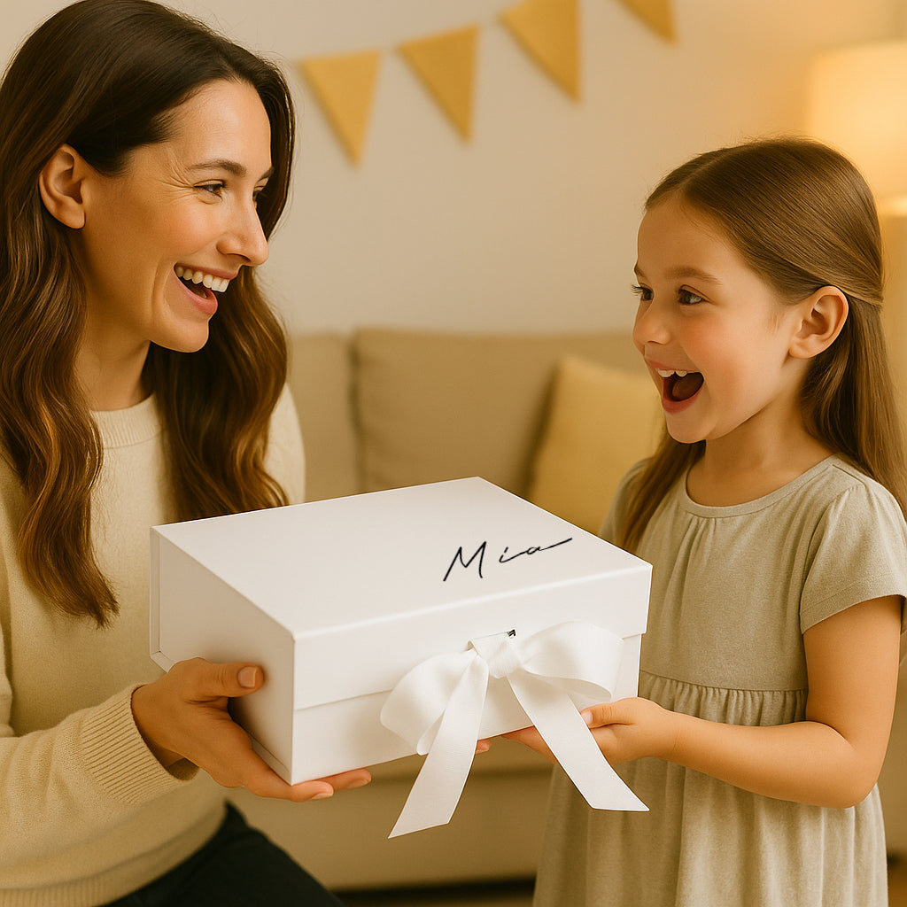 Woman and young girl opening a white gift box together in a cozy living room.