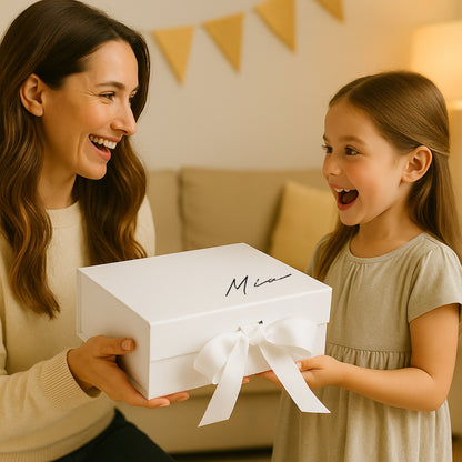 Woman and young girl opening a white gift box together in a cozy living room.