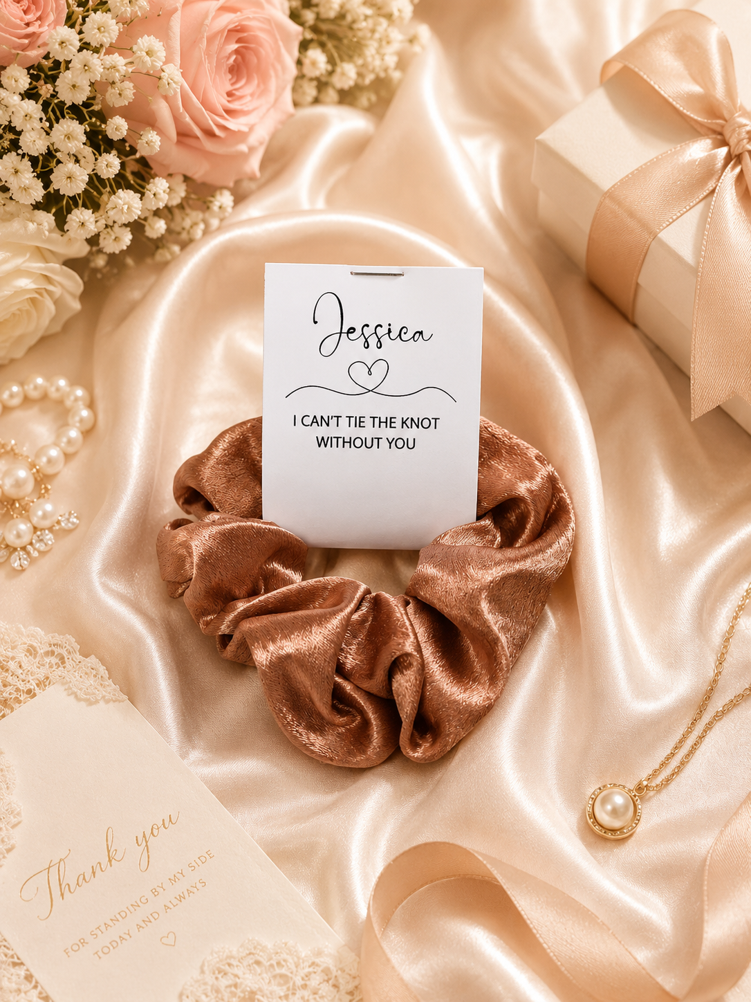 Personalised Scrunchies with Gift Tag – Bridesmaid Proposal & Wedding Party Gift
