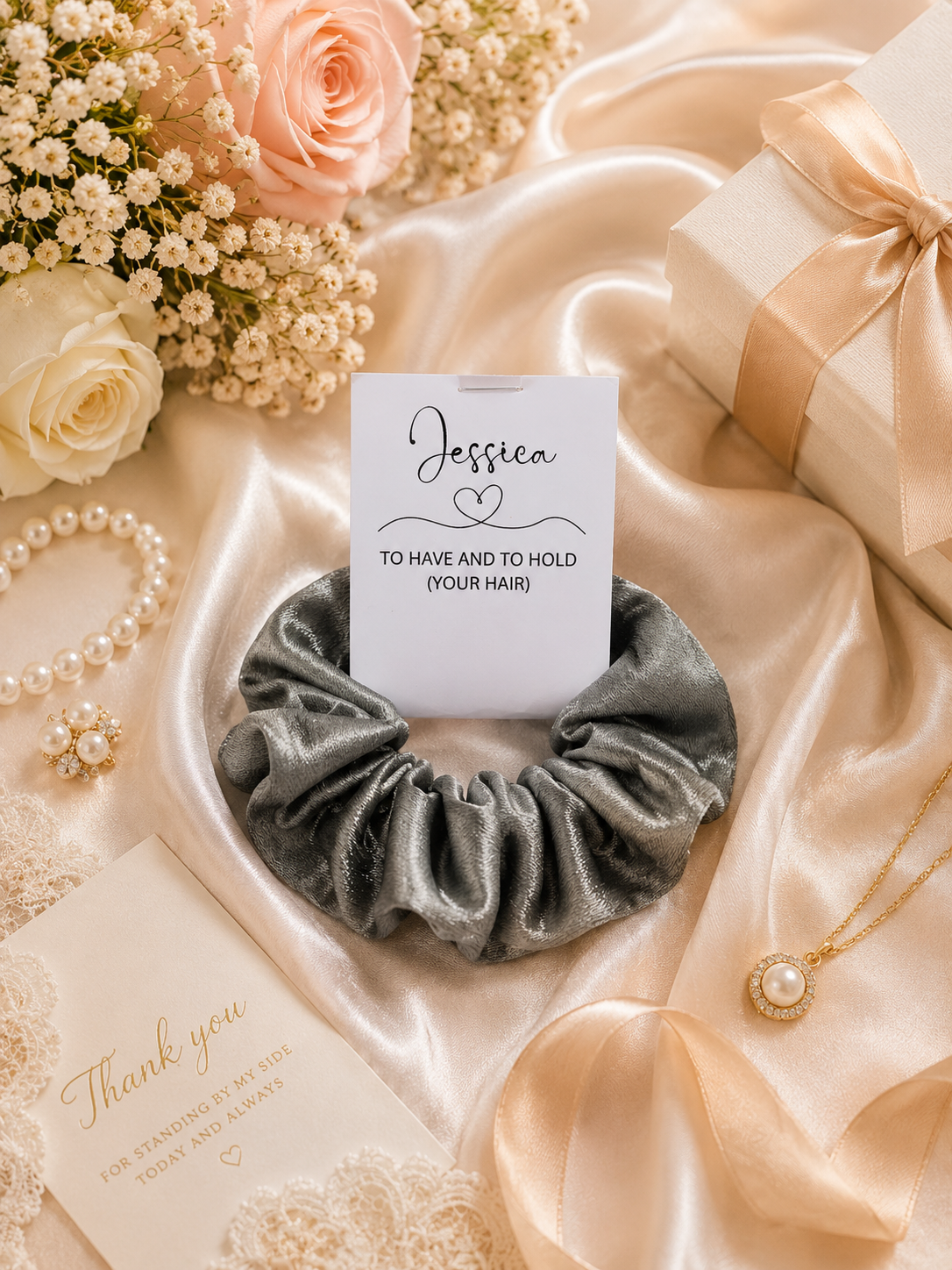 Personalised Scrunchies with Gift Tag – Bridesmaid Proposal & Wedding Party Gift