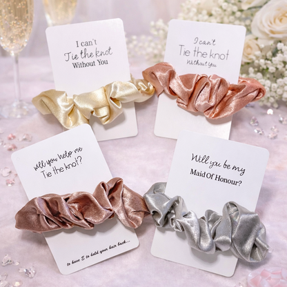 Set of scrunchies with cards on a decorative background