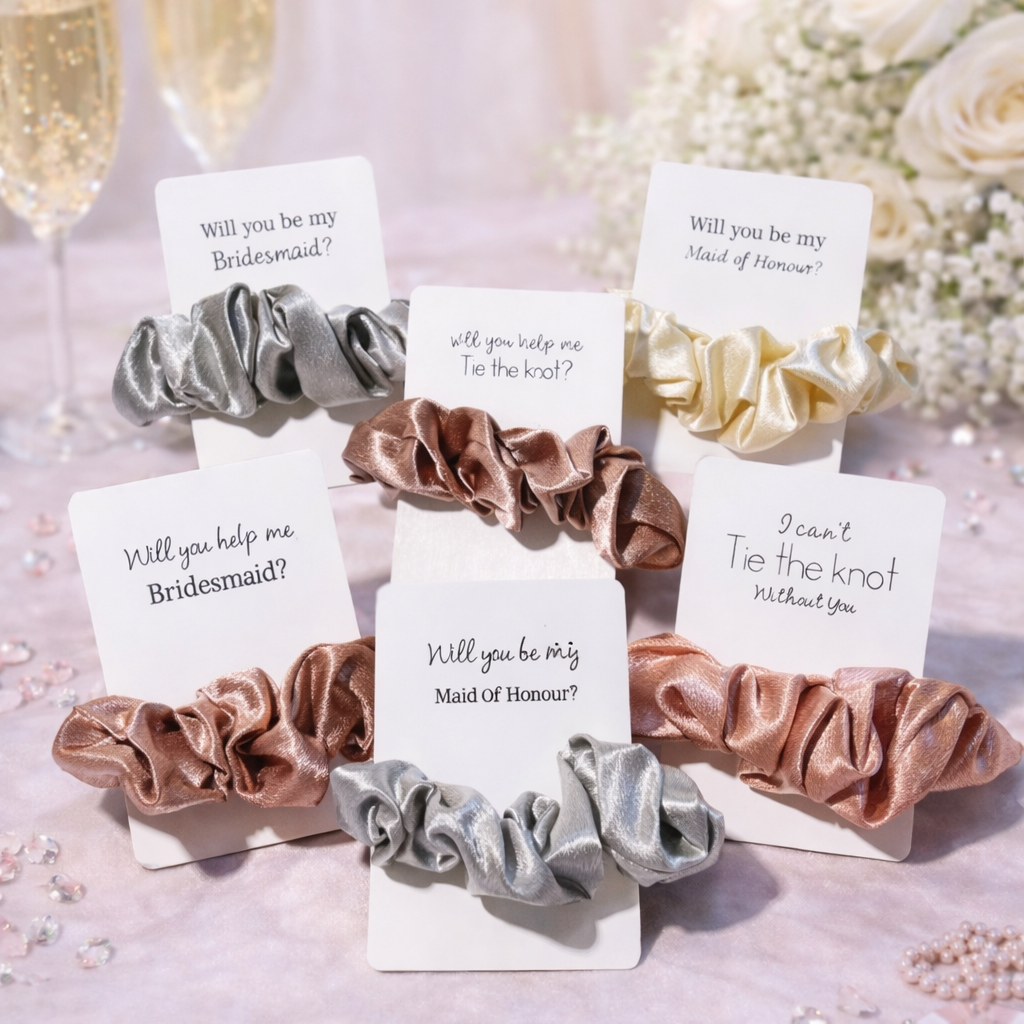 Set of hair scrunchies with 'Will you be my bridesmaid?' cards on a decorative background.