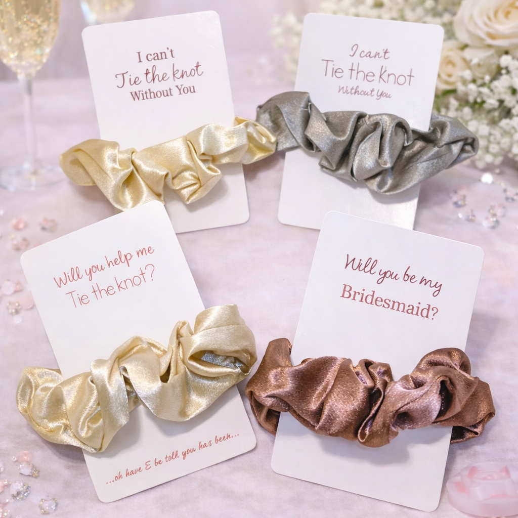 Set of scrunchies with cards asking 'Will you be my bridesmaid?' on a decorative background.