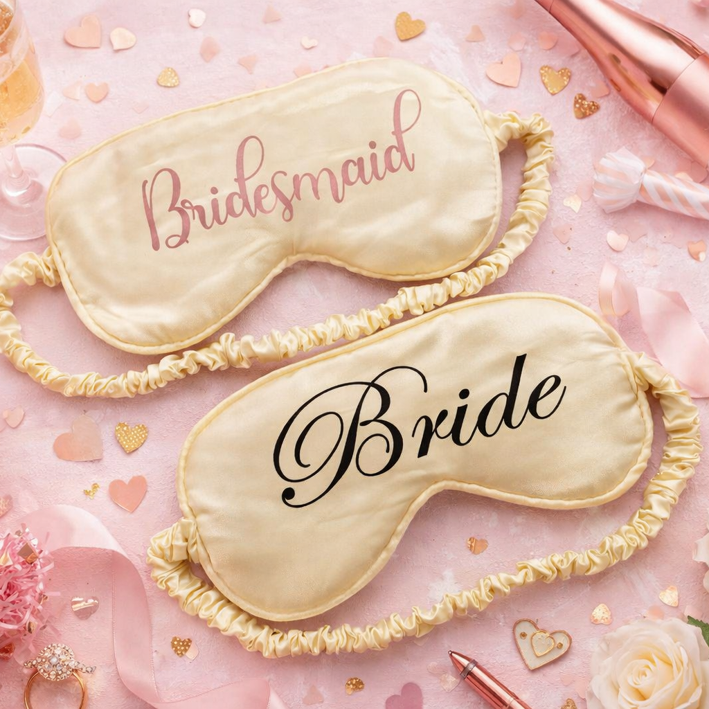 Two sleep eye masks labeled 'Bride' and 'Bridesmaid' on a pink background with flowers and party favors.