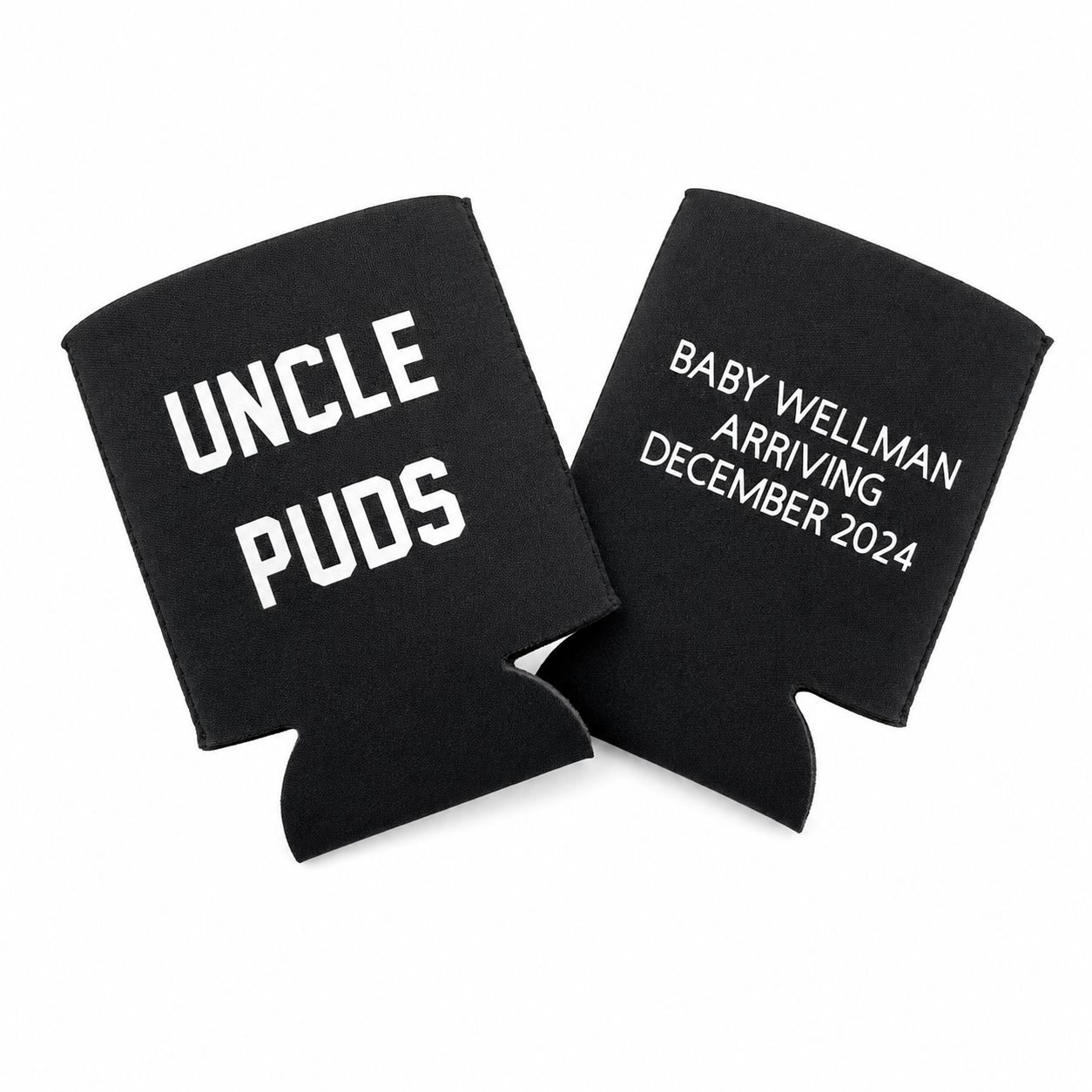 Two black can coolers with text on a white background