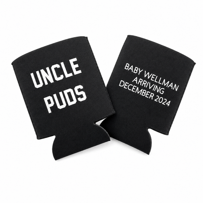 Two black can coolers with text on a white background