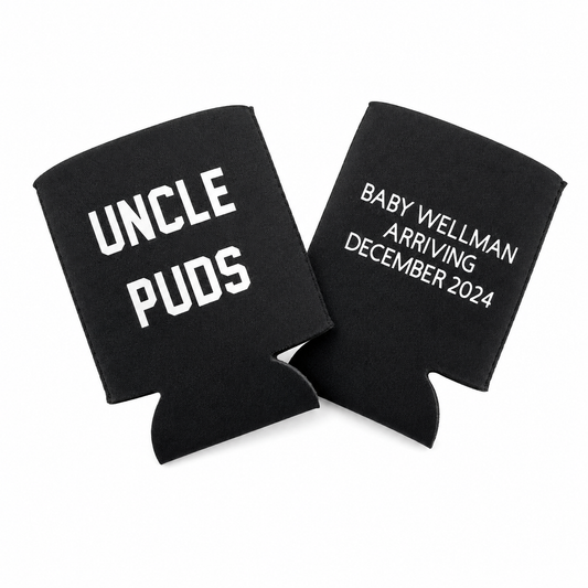 Two black can coolers with text on a white background