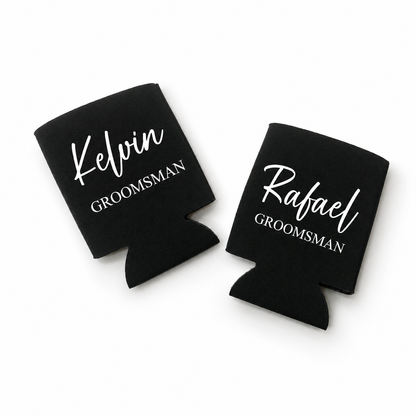 Two black can coolers with 'Kelvin GROOMSMAN' and 'Rafael GROOMSMAN' text on a white background
