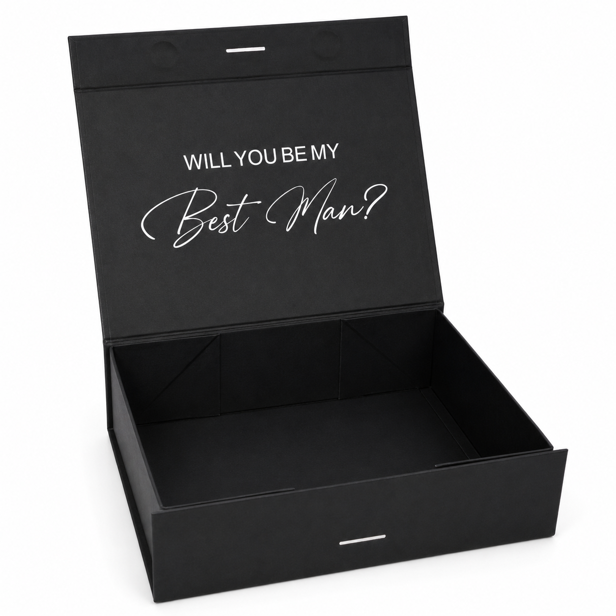 Black box with 'Will You Be My Best Man?' text on a white background