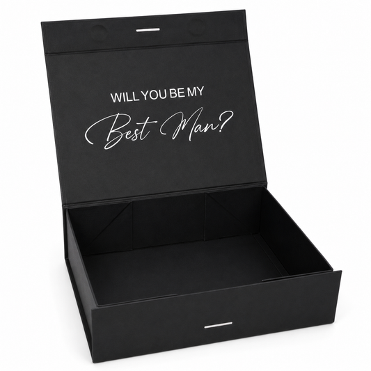Black box with 'Will You Be My Best Man?' text on a white background