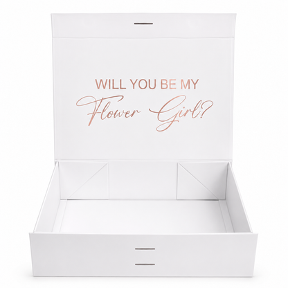 White box with 'Will You Be My Flower Girl?' text on a white background