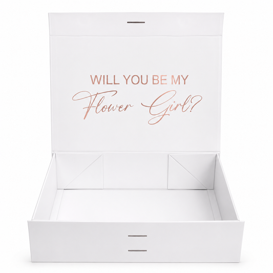 White box with 'Will You Be My Flower Girl?' text on a white background