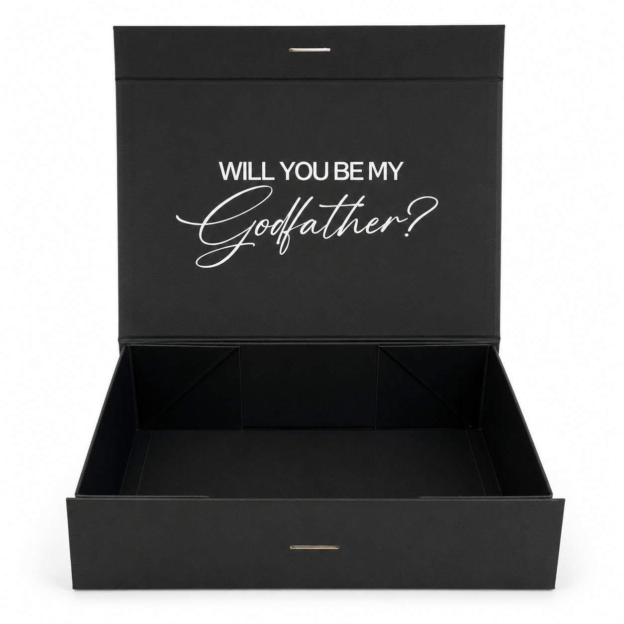Black box with 'Will You Be My Godfather?' text on a white background