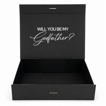 Black box with 'Will You Be My Godfather?' text on a white background
