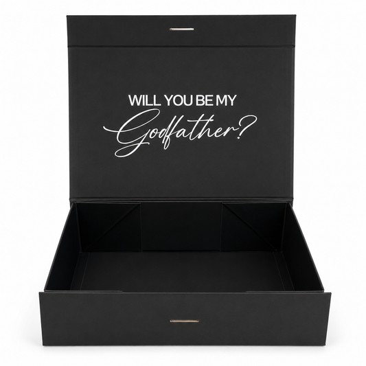Black box with 'Will You Be My Godfather?' text on a white background