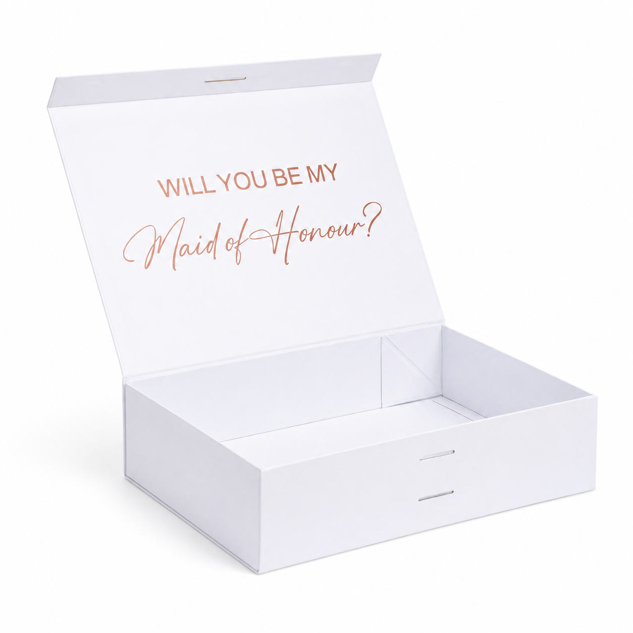 White box with 'Will you be my Maid of Honour?' text in rose gold on a white background