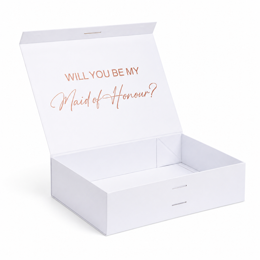 White box with 'Will you be my Maid of Honour?' text in rose gold on a white background
