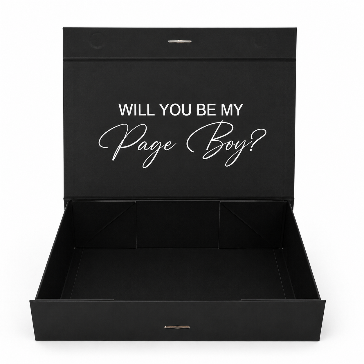Black box with 'Will You Be My Page Boy?' text on a white background
