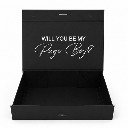 Black box with 'Will You Be My Page Boy?' text on a white background