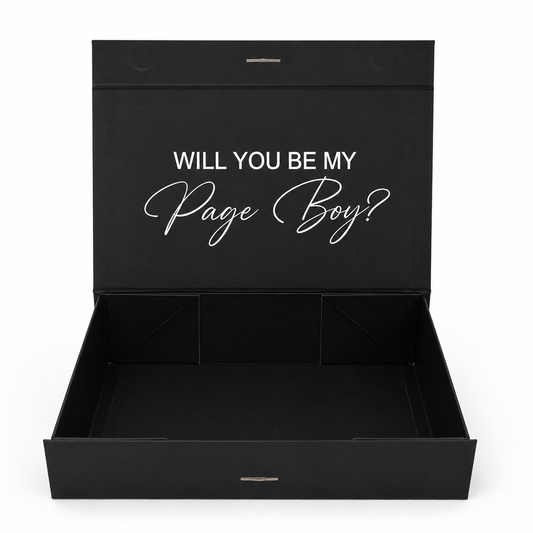Black box with 'Will You Be My Page Boy?' text on a white background