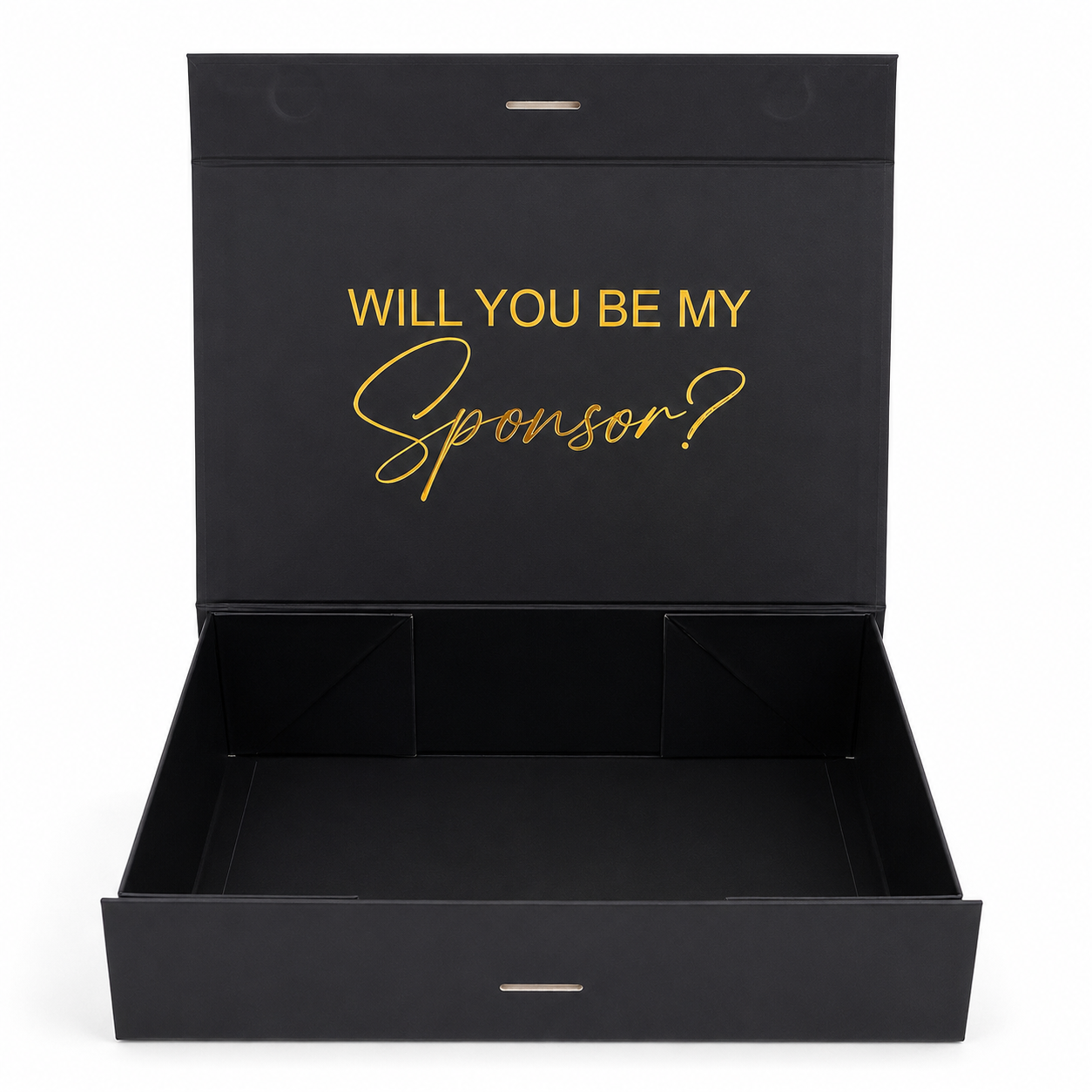 Black box with 'WILL YOU BE MY Sponsor?' text in gold on a white background