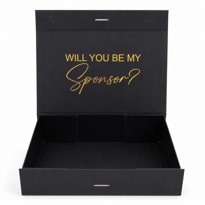 Black box with 'WILL YOU BE MY Sponsor?' text in gold on a white background