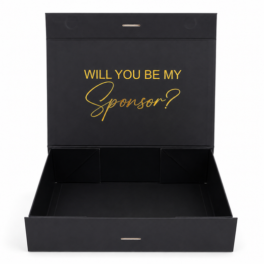 Black box with 'WILL YOU BE MY Sponsor?' text in gold on a white background