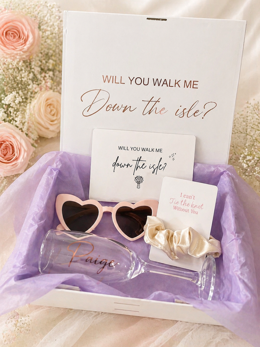 “Will You Walk Me Down the Aisle” Custom Wedding Gift Set (Gift Box, Sunglasses, Glass & Scrunchie)