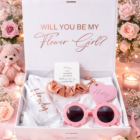 "Will You be my Flower Girl?" Proposal Gift Box (Gift Box,Flower-Shaped Sunglasses,Glass,Scrunchie, Heartshape Keyring)