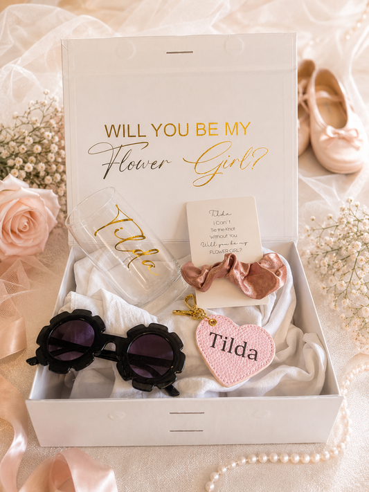 "Will You be my Flower Girl?" Proposal Gift Box (Gift Box,Flower-Shaped Sunglasses,Glass,Scrunchie, Heartshape Keyring)